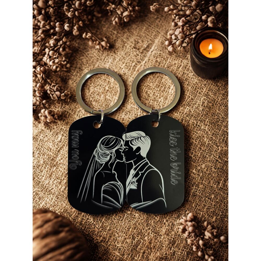 Custom engraved Dog Tags keychains Wedding kiss the bride portrait newlyweds
